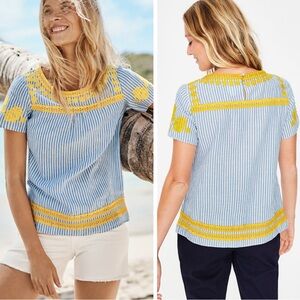 Boden Fiona Blue & White Striped Print Yellow Embroidered Linen Blend Top - 4